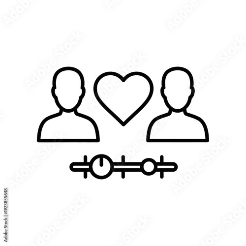 Minimalist black and white illustration of a same-sex couple connected by a heart, symbolizing love, equality, and LGBTQ+ pride in modern relationships.