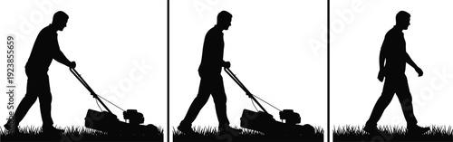 Man silhouette mowing lawn and walking through grass in sequence, gardening maintenance routine concept, outdoor yard work vector illustration isolated on white background