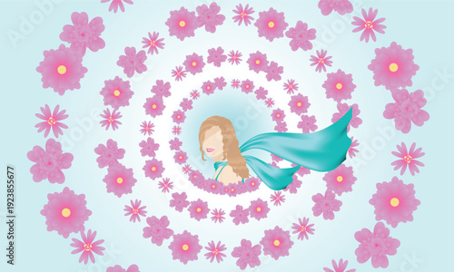 A girl with a scarf fluttering in the wind and pink flowers in a circle