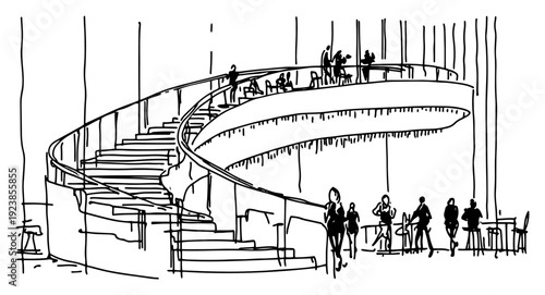 Architectural line drawing of a modern interior featuring a spiral staircase and people