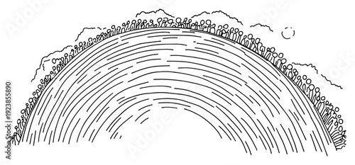 Minimalist sketch of a crowd standing on an arched hill or stadium tiers
