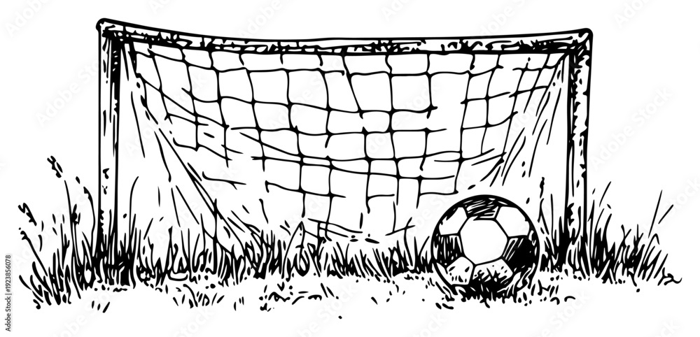 Obraz premium Soccer goal with net and ball in the grass hand drawn sketch style