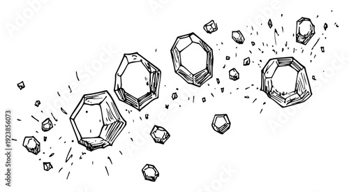 Floating geometric crystals and rocks exploding in hand drawn line art style