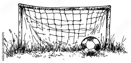 Soccer goal with net and ball in the grass hand drawn sketch style