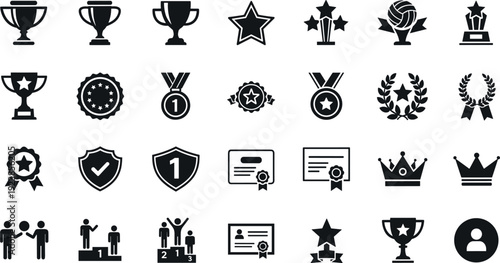Trophy medal badge and achievement black silhouette icons collection vector illustration set