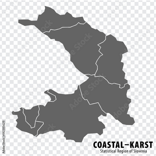 Blank map of Coastal–Karst Statistical Region. High quality map Coastal–Karst with municipalities on transparent background for your web site design, logo, app, UI. Slovenia. EPS10.