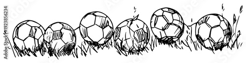 Row of various soccer balls resting on the grass in a hand drawn doodle style