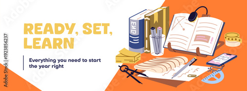 Design of banner with school sale. Advertising template of store with books, stationery and items for education. Promotion layout of shop with studying supplies, things. Flat vector illustration.