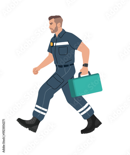 Stylized flat illustration of a man paramedic in uniform carrying a teal medical bag, walking right, with bold outlines and clean colors on transparent background.