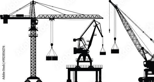 Silhouette construction cranes lifting loads, tower port crawler industrial machinery illustration artwork logistics - flavector