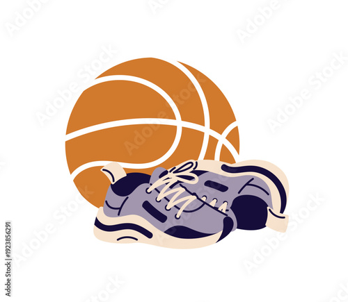 Basketball workout. Sneakers and ball to play sports game. Trainers for basket match, competitions. Boots for training. Pair of sportswear shoes. Flat isolated vector illustration on white background.