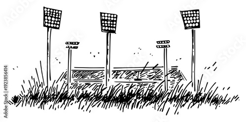 Grassy sports field with tall floodlights at a stadium in hand drawn style