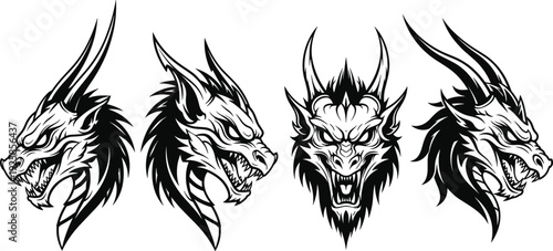 Silhouette dragon heads with fierce expressions, fantasy mythical creature illustration artwork detailed horns - flavector
