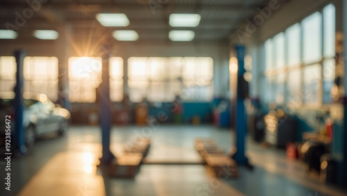 Blurred car workshop interior featuring hydraulic lifts, providing an out of focus background for vehicle servicing
