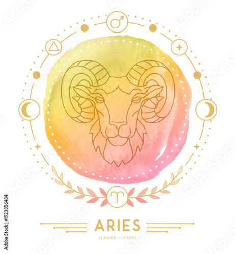 Modern magic witchcraft card with astrology Aries zodiac sign characteristic on watercolor background. Vector illustration