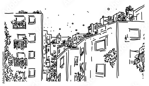 Detailed urban landscape with apartment buildings and balconies in hand drawn architectural sketch