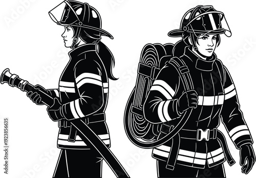 Silhouette firefighters in protective gear with hose equipment, emergency rescue illustration artwork safety preparedness - flavector
