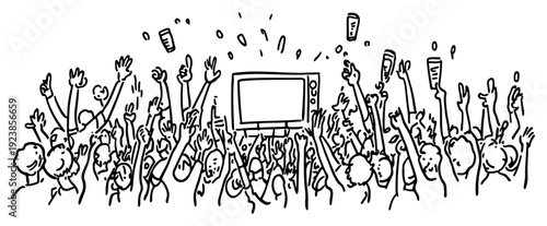 Group of enthusiastic fans cheering around a television and holding glasses hand drawn doodle