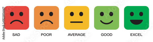 Feedback rating emoji, set of colorful square icons, sad, poor, average, good, excellent ratings, vector illustration isolated