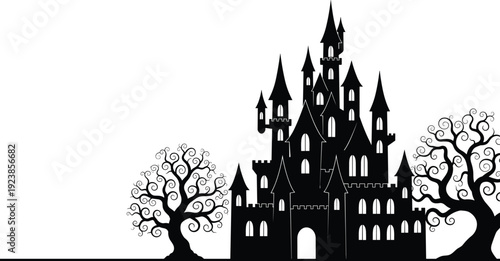 Silhouette gothic castle with twisted trees, fantasy haunted architecture illustration artwork mysterious atmosphere - flavector