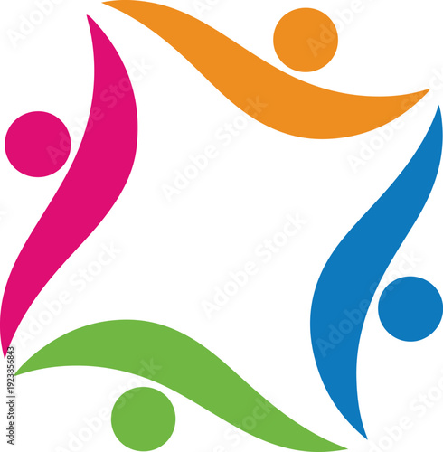 Four colorful abstract human figures reaching inwards forming circle representing unity teamwork collaboration and diversity