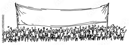 Large crowd of people holding a long blank banner or protest sign in hand drawn sketch