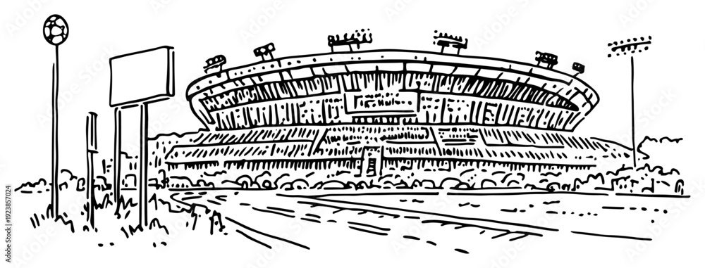 Naklejka premium Detailed doodle illustration of a modern sports stadium exterior with billboard and lighting towers