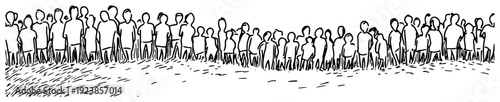 Simple line art illustration showing a large group of people standing in a long queue or line