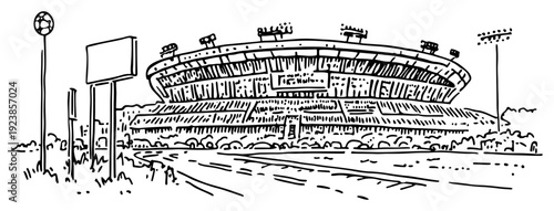 Detailed doodle illustration of a modern sports stadium exterior with billboard and lighting towers