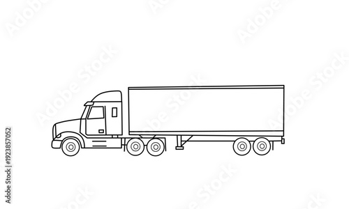 Semi trailer truck outline vector illustration. Long haul cargo transport vehicle side view isolated on white background for logistics and freight transportation design