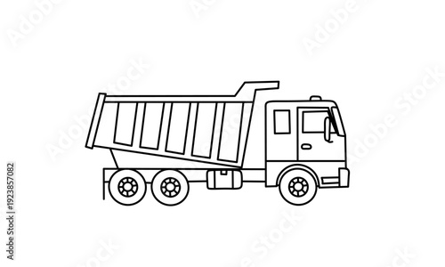 Dump truck outline vector illustration in side view. Construction heavy vehicle line art isolated on white background for transportation, logistics and industrial design use