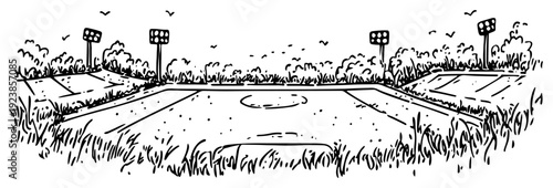 Minimalist line drawing of a sports field with floodlights and grassy field in doodle art style