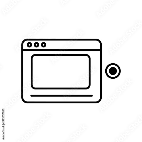 Minimalistic black line art illustration of an oven with a control knob on a clean white background, perfect for kitchen appliance designs.