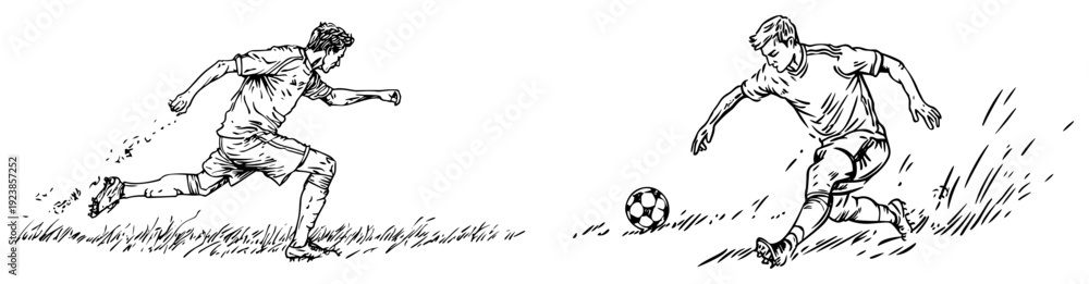 Fototapeta premium Dynamic hand drawn doodle of a soccer player running and kicking the ball on the grass