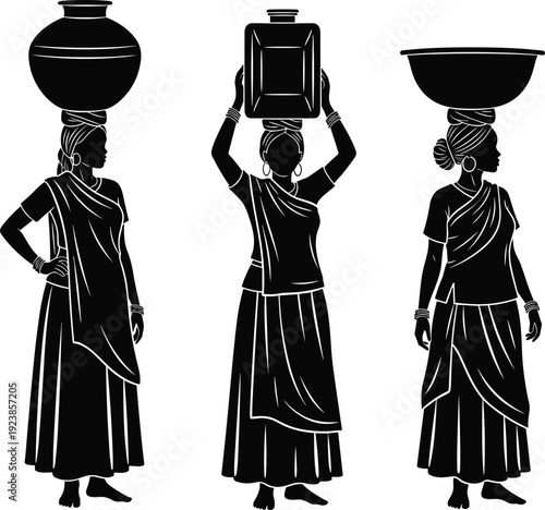Silhouette women in traditional attire carrying containers, cultural daily activity illustration artwork heritage - flavector