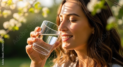 Woman drinking clean water from a glass outdoors on a sunny day with flowers