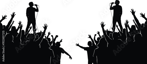 Singer silhouettes performing live concert on stage with cheering crowd, energetic music festival atmosphere, entertainment performance vector illustration isolated on white background
