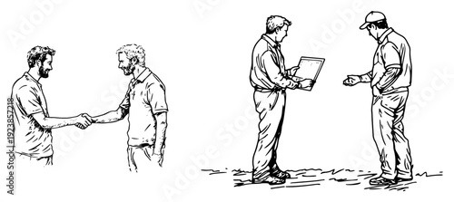 Set of hand drawn doodle sketches showing a handshake and a professional discussion