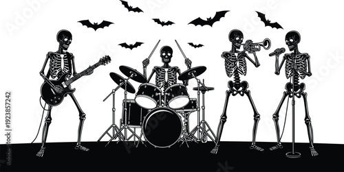 Skeleton rock band silhouettes performing live music with guitars, drums, and trumpet under flying bats, Halloween concert concept vector illustration isolated on white background