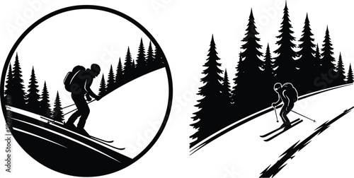 Skier silhouette descending snowy mountain slope surrounded by pine forest, winter sports adventure concept, outdoor recreation vector illustration isolated on white background