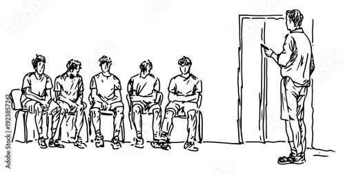 Hand drawn doodle illustration of a coach giving a briefing to seated athletes in a room