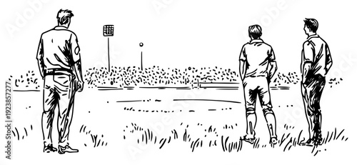 Hand drawn doodle of football coaches or scouts watching a match at the stadium