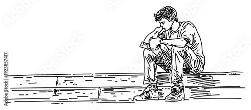 Hand drawn doodle of a lonely young man sitting on a ledge while looking at his phone