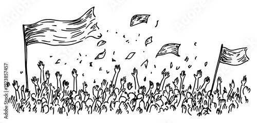 Crowd of happy people celebrating with flags and confetti in a hand drawn doodle style
