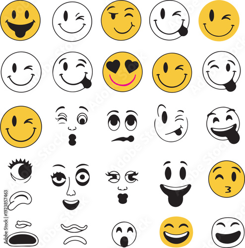 Collection of various smiley faces isolated on transparent background