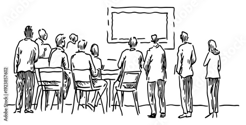 Group of people sitting in a conference or meeting room looking at a screen hand drawn sketch