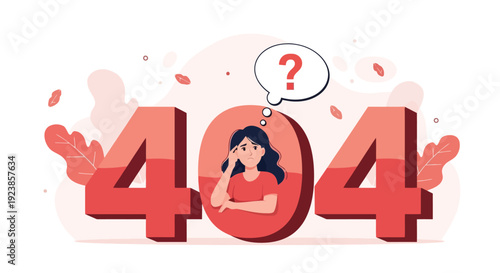 404 Error Page Not Found with Confused Woman