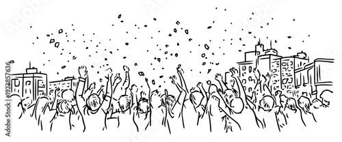Large crowd of people celebrating and cheering in a city street hand drawn doodle style