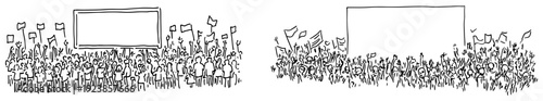 Wide hand drawn doodle illustration of a massive crowd of football fans with flags and screens