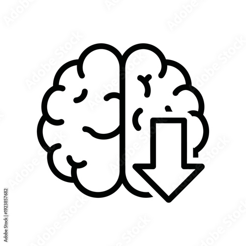 Minimalist black and white sketch of a brain with a downward arrow symbolizing creative thinking, problem-solving, and innovative ideas for business or education.